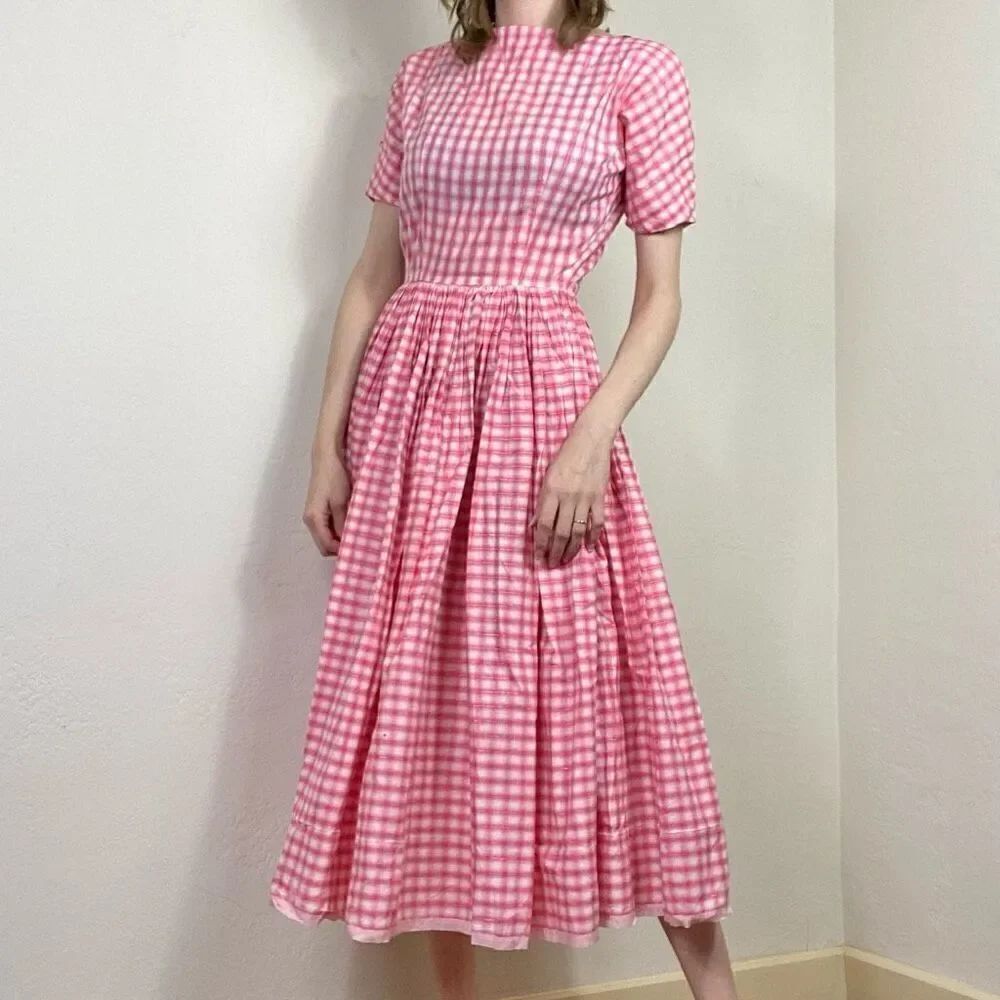 Vintage Pink & White Plaid Lattice Sleeve A Line Midi Dress Size S